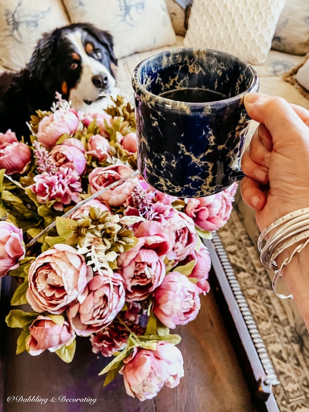 Antique Coffee Table Paired with the faux peonies centerpiece, coffee mug and Bernese Mountain Dog.