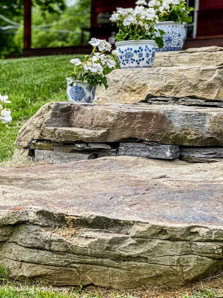 Outdoor living rustic stone steps with geranium arrangements.