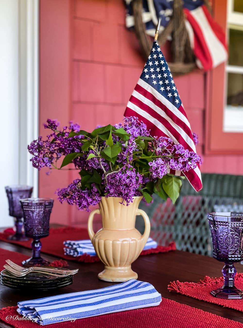 Patriotic Lilac Bouquet in Vintage McCoy on Porch Table.