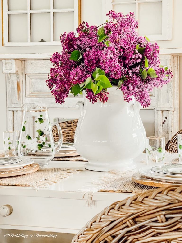 Lilac Bouquet Centerpiece on Farmhouse Style Table in Dining Room