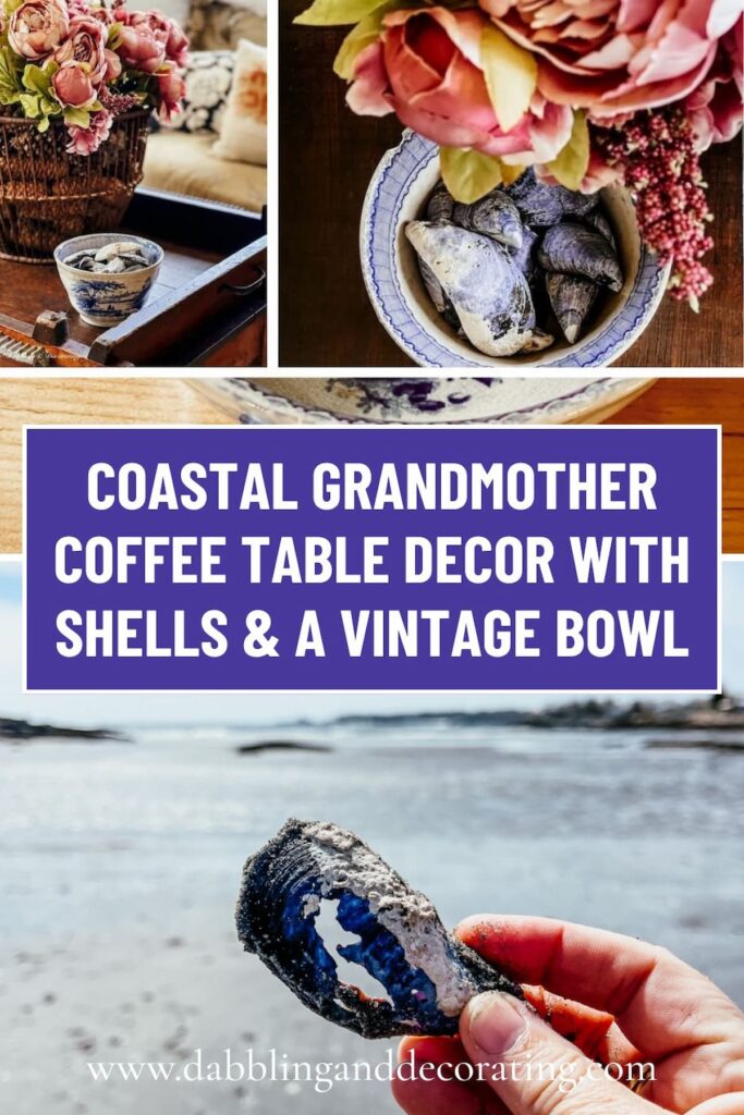 Coastal Grandmother Coffee Table Decor with Shells & a Vintage Bowl