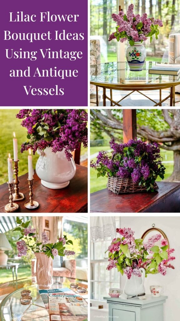 Lilac Flower Bouquet Ideas Using Vintage and Antique Vessels photo collage.