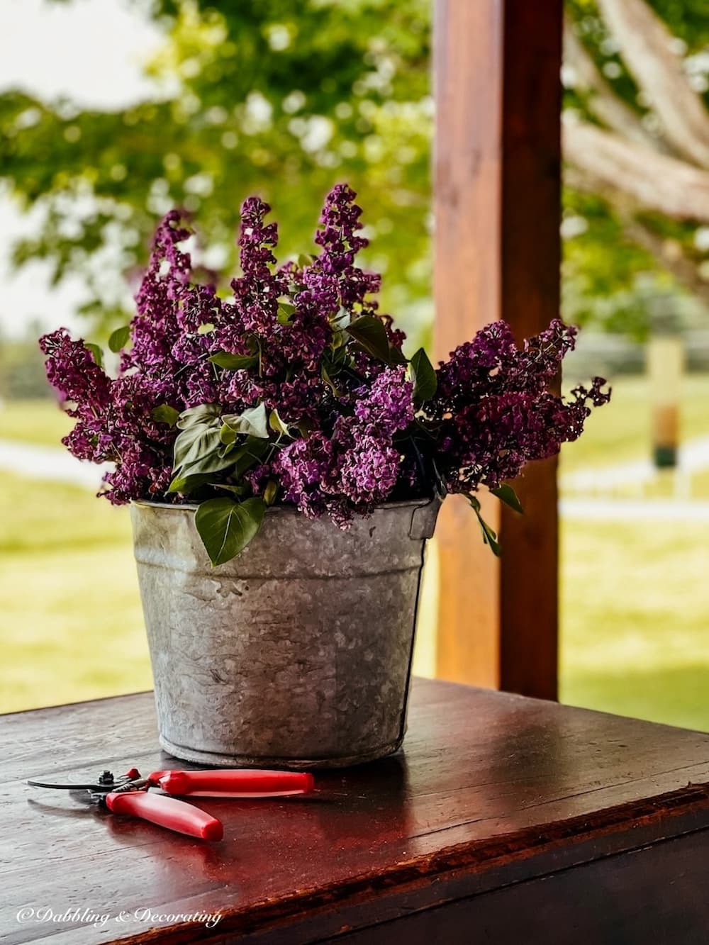 galvanized flower buckets with Lilacs and clippers.