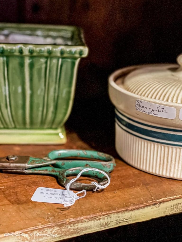 Vintage Green stoneware bowl, antique green scissors and a green planter at Sage Farm Antiques