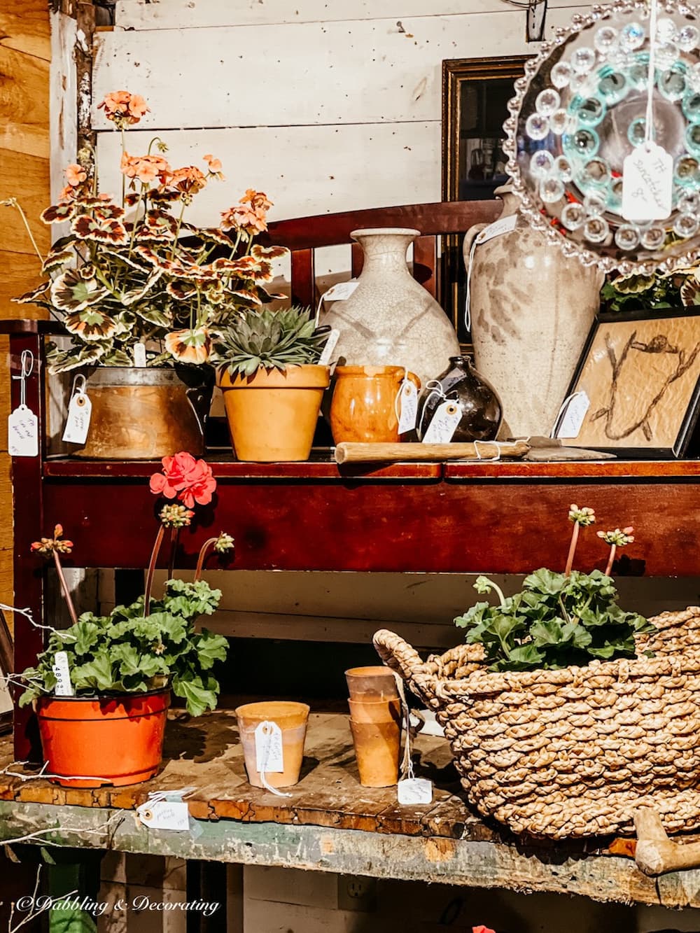 Vintage gardening decorations on display.