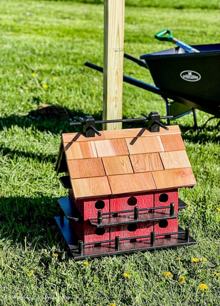 Amish Birdhouse in Red with Pole and wheelbarrow