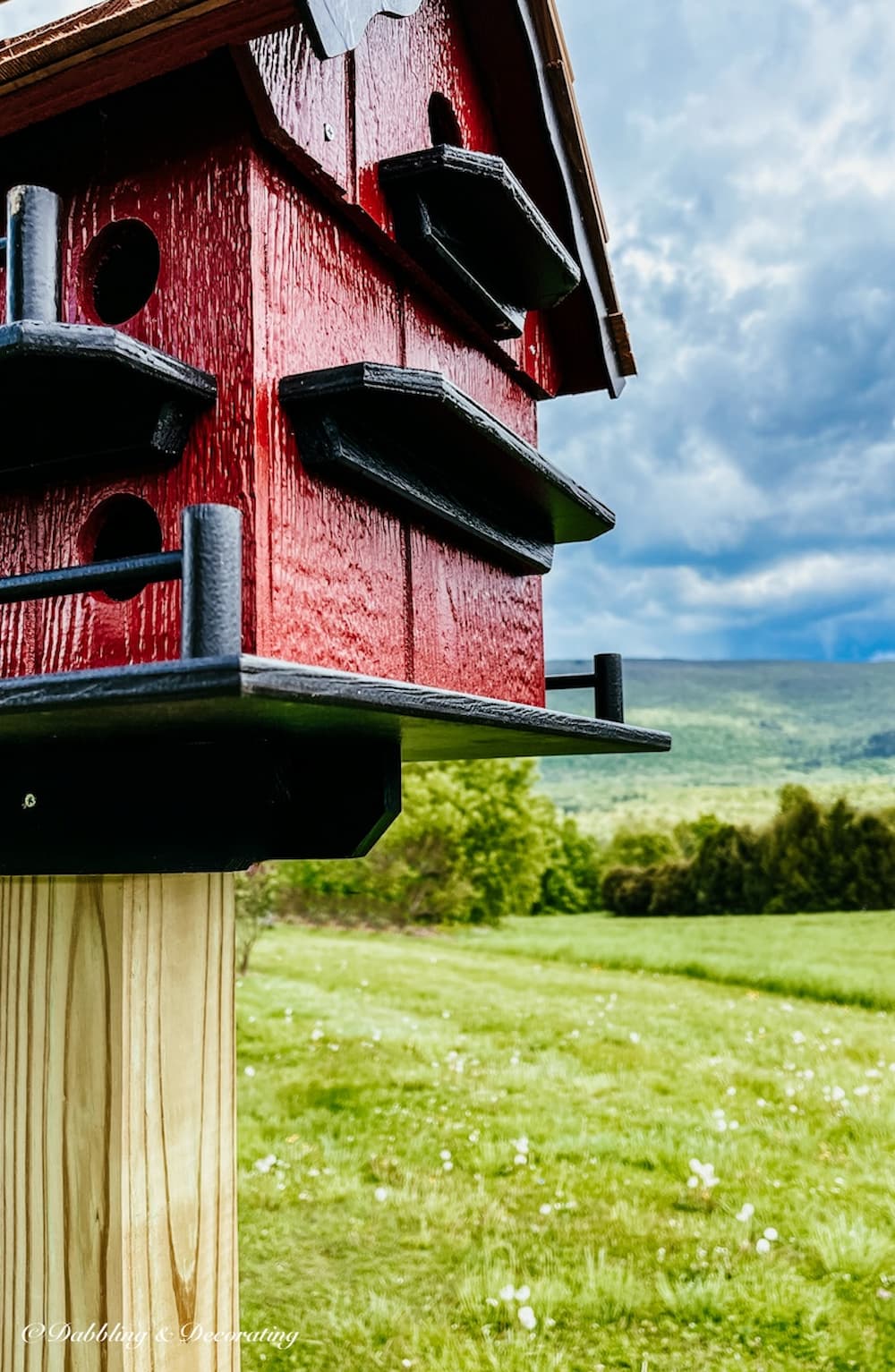 Amish birdhouse in burgundy barn red mounted.