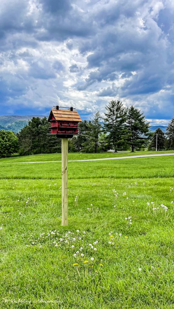 Large Amish birdhouse on post in yard.