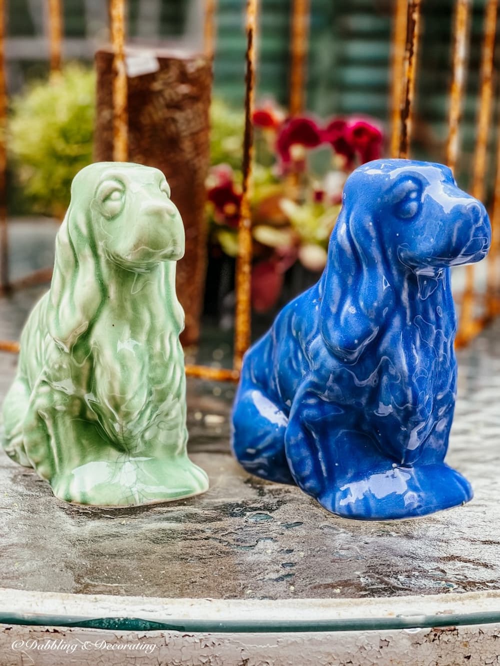 Two Springer Spaniel porcelain dogs in green and blue, vintage home decor gifts.