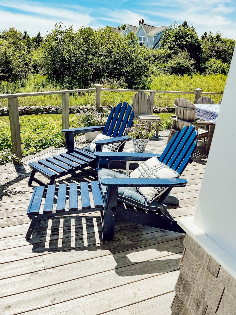 2 Blue Adirondack Chairs in Down East Maine.  Gifts from Maine.