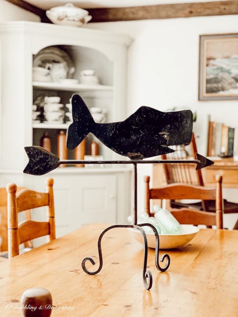 Antique whale weathervane, a gift from Maine.