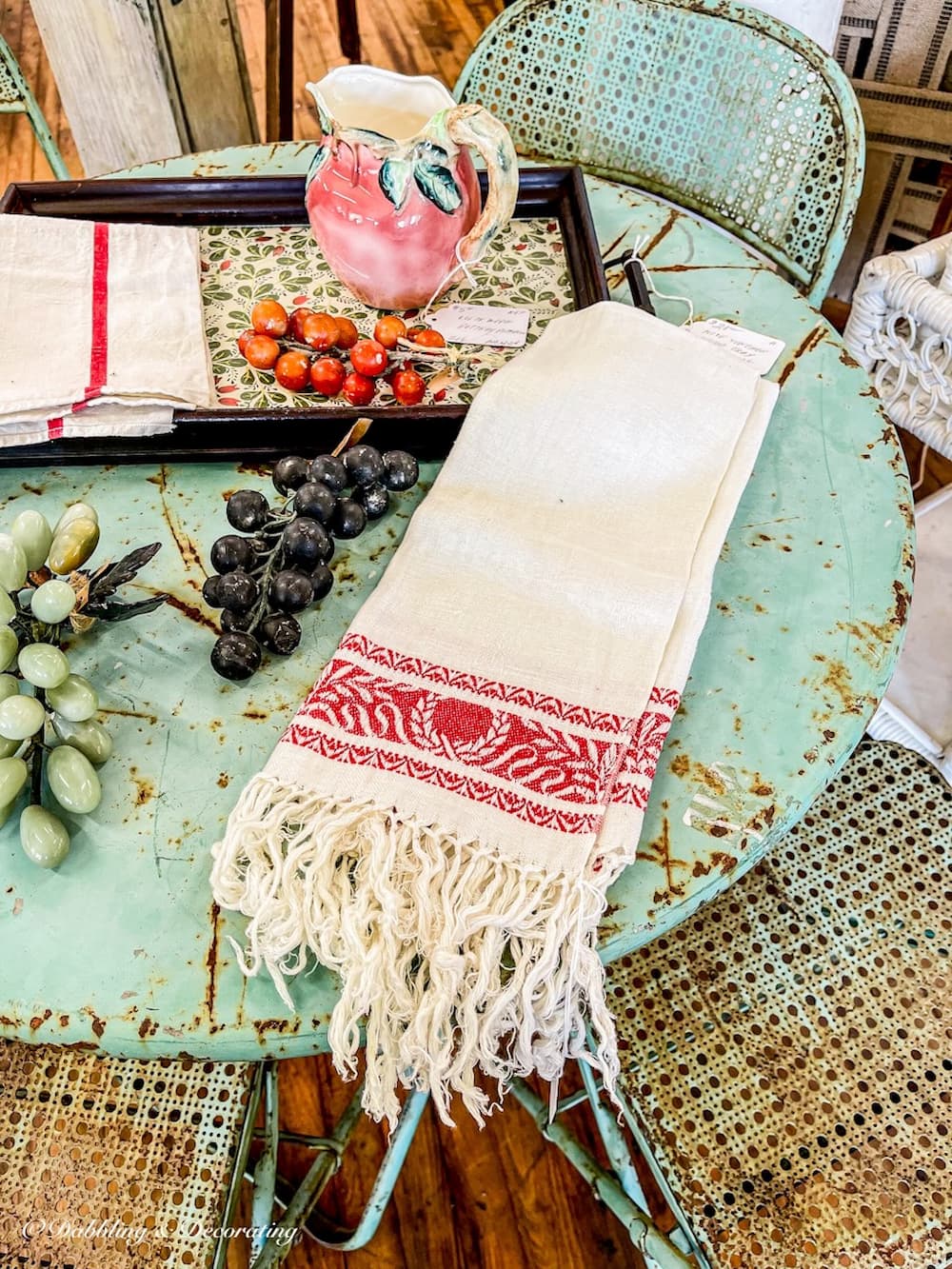 Antique Table with towel at antique store in Down East Maine