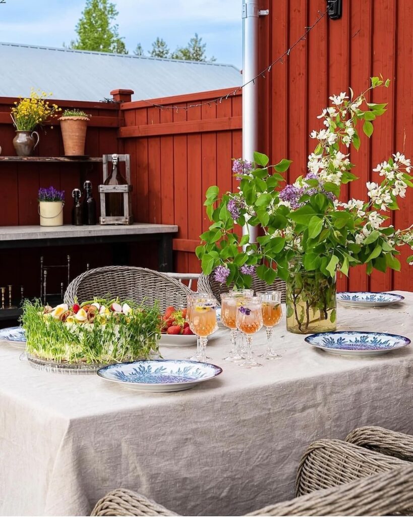 Scandinavian cottage style alfresco table setting.
