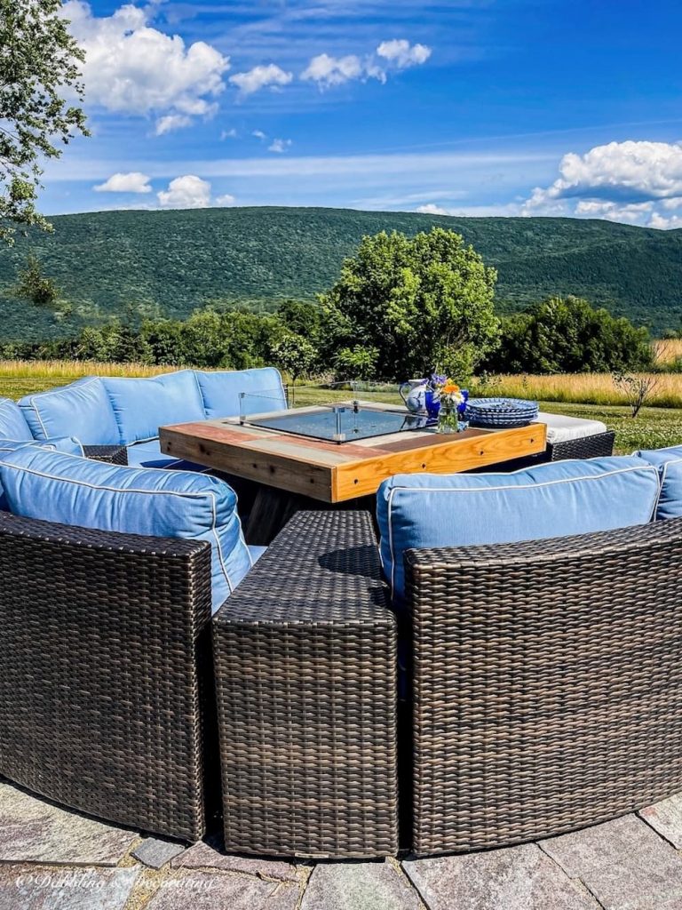 Blue Fire Pit & Furniture in the Mountains.