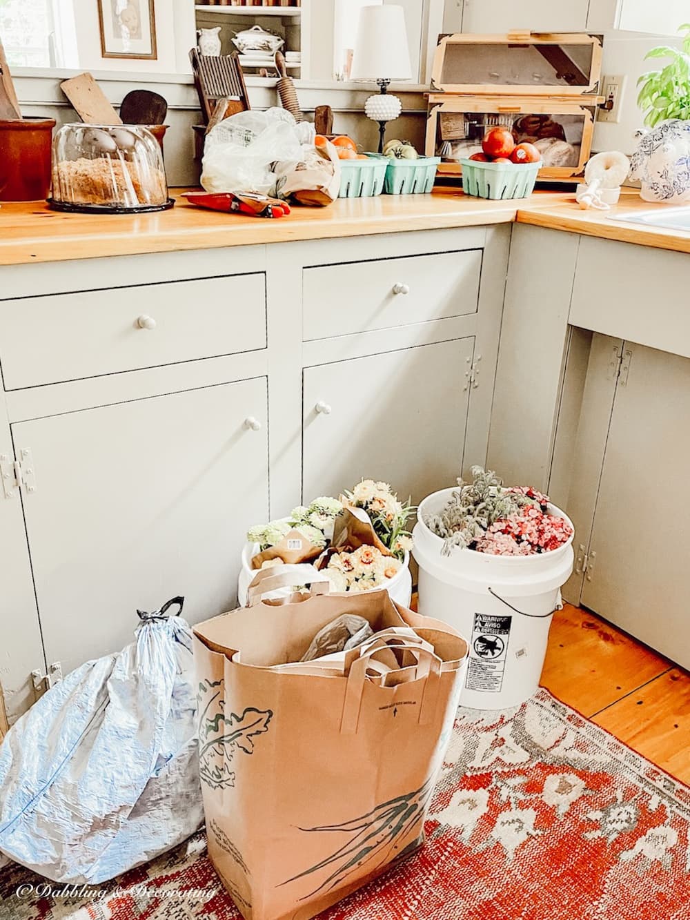 Country kitchen with food props for magazine photo shoot.