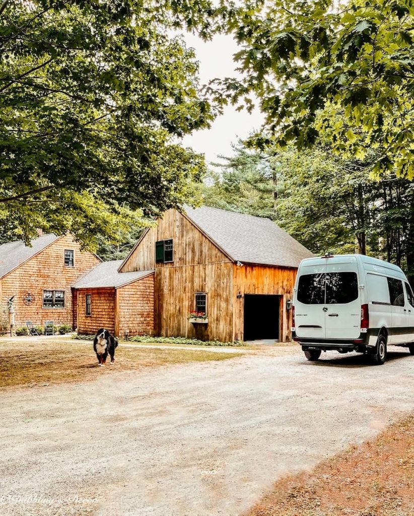 Cedar Shake Maine Home with White Van, and Bernese Mountain Dog for magazine photo shoot.