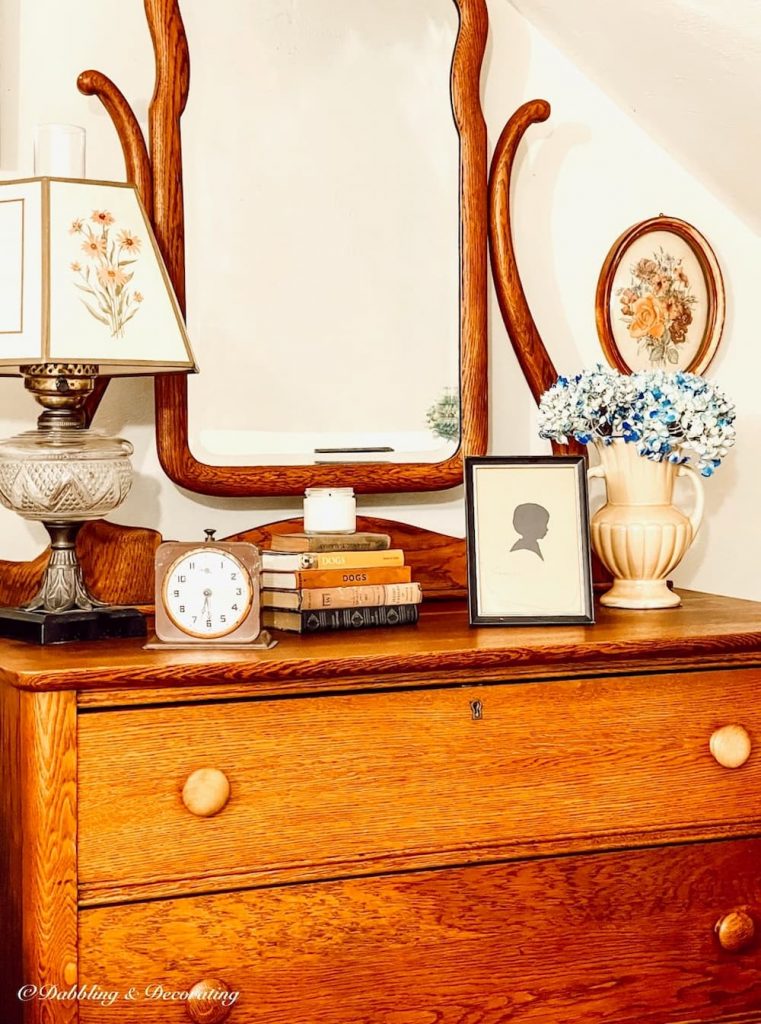 Repurposed Oak Dresser with Mirror Quaint in the Attic truss.