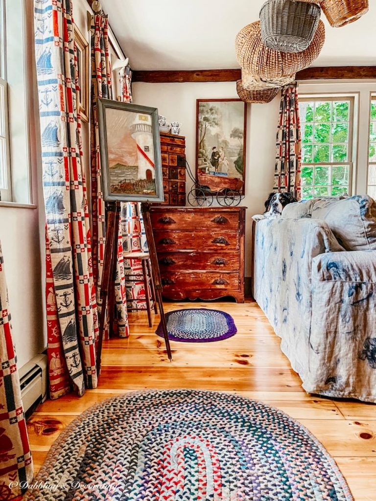 Vintage Styled Living Room coastal curtains and Bernese Mountain Dog.