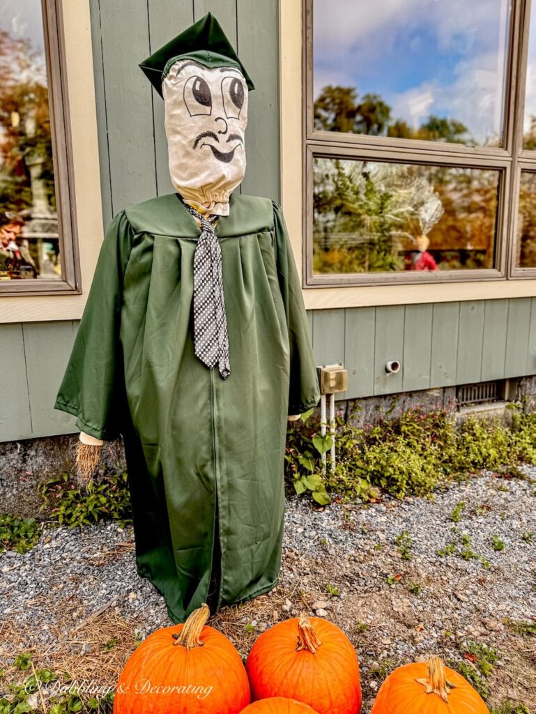 A funny scarecrow ideas dressed as a college professor or graduate with cap and gown.
