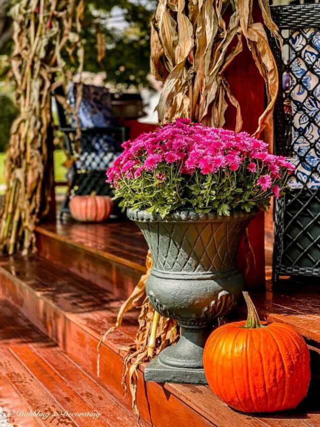 Plastic urn planter with purple mums on fall porch with pumpkin.