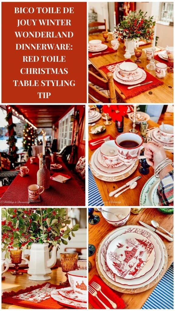 BICO Toile De Jouy Winter Wonderland Dinnerware: Red Toile Christmas Table Styling Tip photo collage.