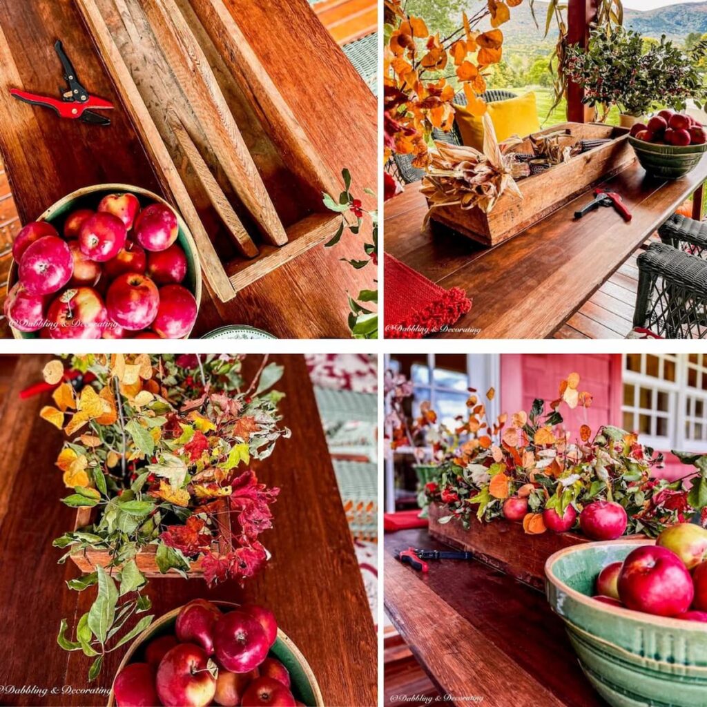 Vintage Fall Centerpiece with apples and colorful leaves in vintage toolbox collage.