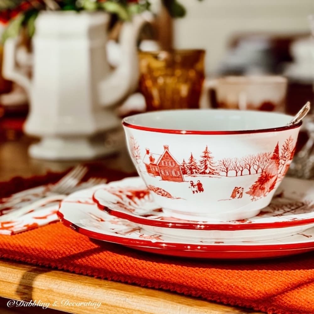 The Finest Winter Wonderland Dinnerware Set in red and white Toile pattern. Winter dining room ideas.