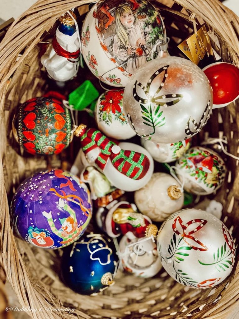 Basket of antique Christmas ornaments.