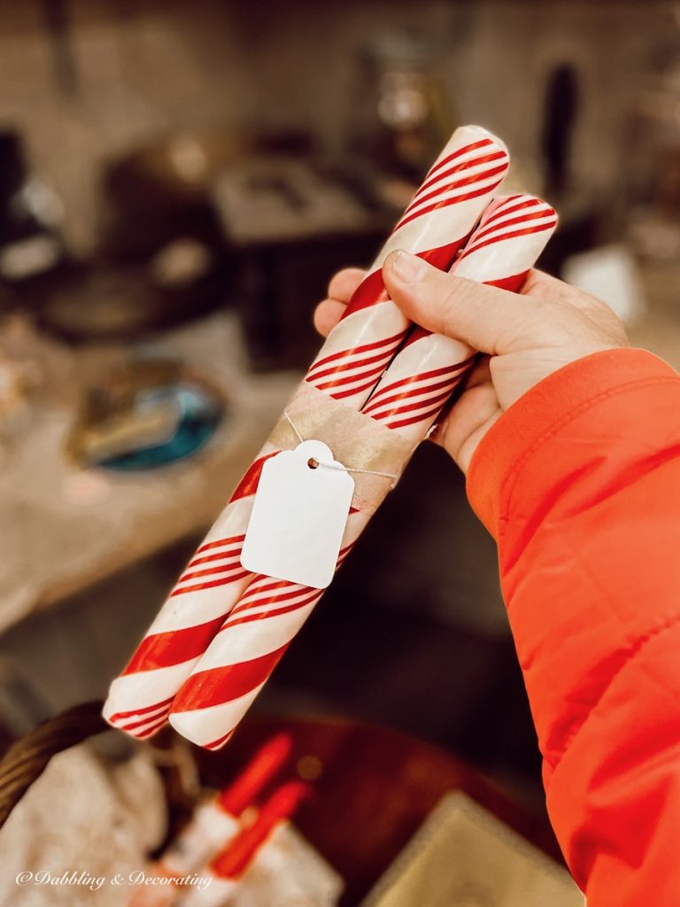 vintage red striped Christmas candles for Antique Christmas Decor.