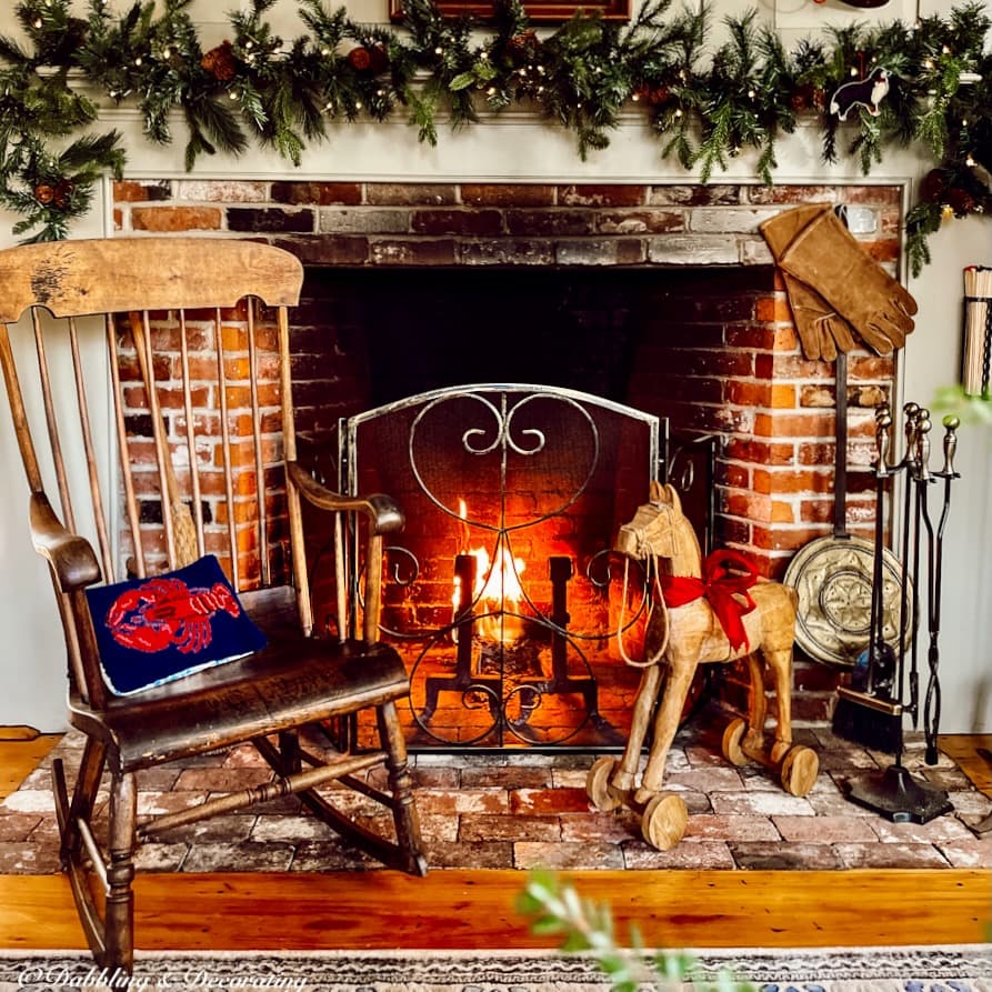Christmas Old Colonial Fireplace, Hearth, and Mantel