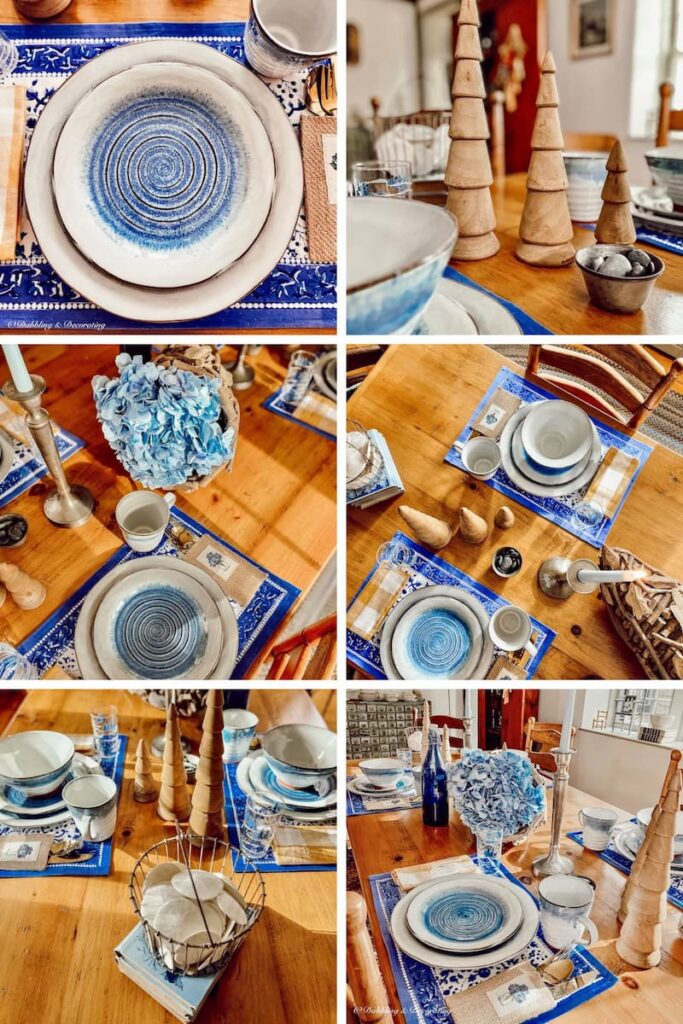 Coastal Tablescape Styling Tip, Mixing Vintage Charm with Modern Dinnerware photo collage.