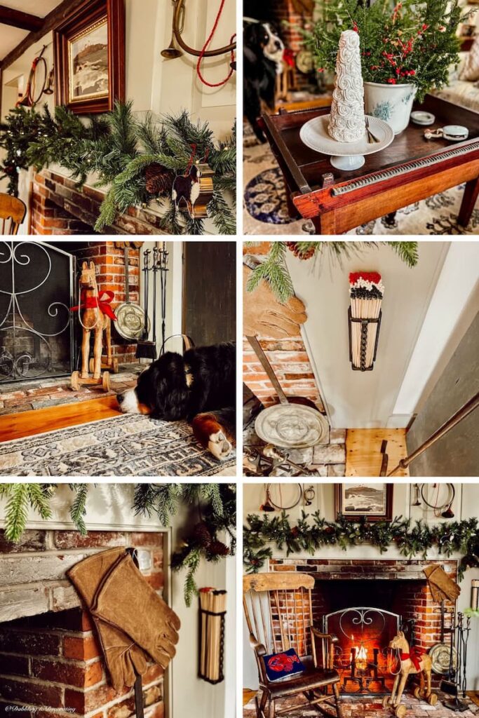 Colonial Christmas Decorations: Cozy Fireplace Touches with Modern Warmth photo collage.
