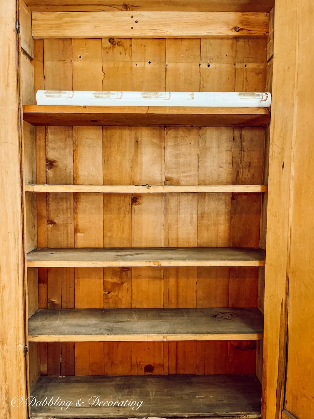 The Cutest DIY Shelf Liners in an Old Pine Hutch