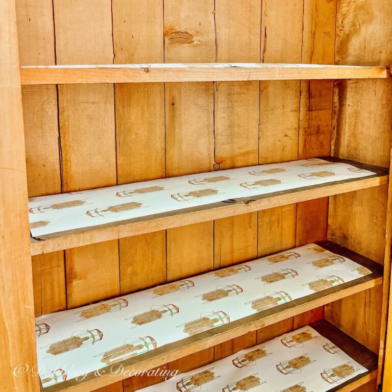 The Cutest DIY Shelf Liners in My Old Pine Hutch