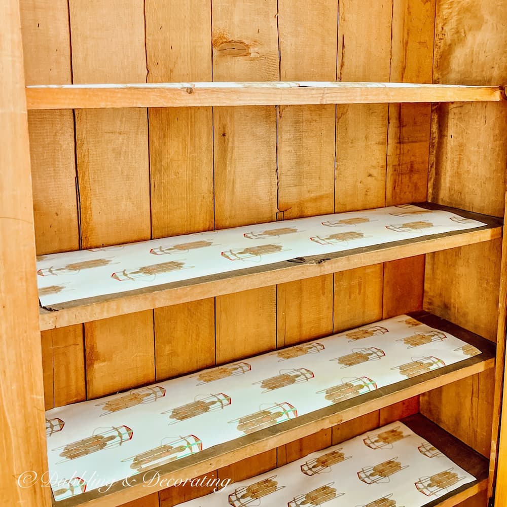 The Cutest DIY Shelf Liners in My Old Pine Hutch