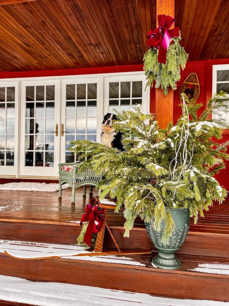 Ski Lodge Winter Porch with Bernese Mountain Dog