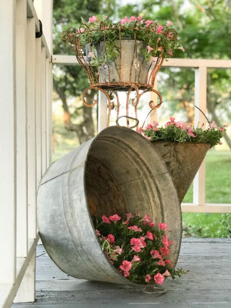 Galvanized Barrel with Flowers.