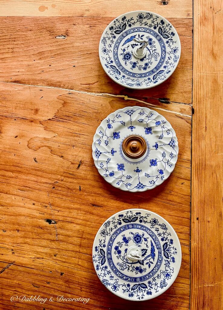 3 Blue and White Plates with Kitchen Hooks