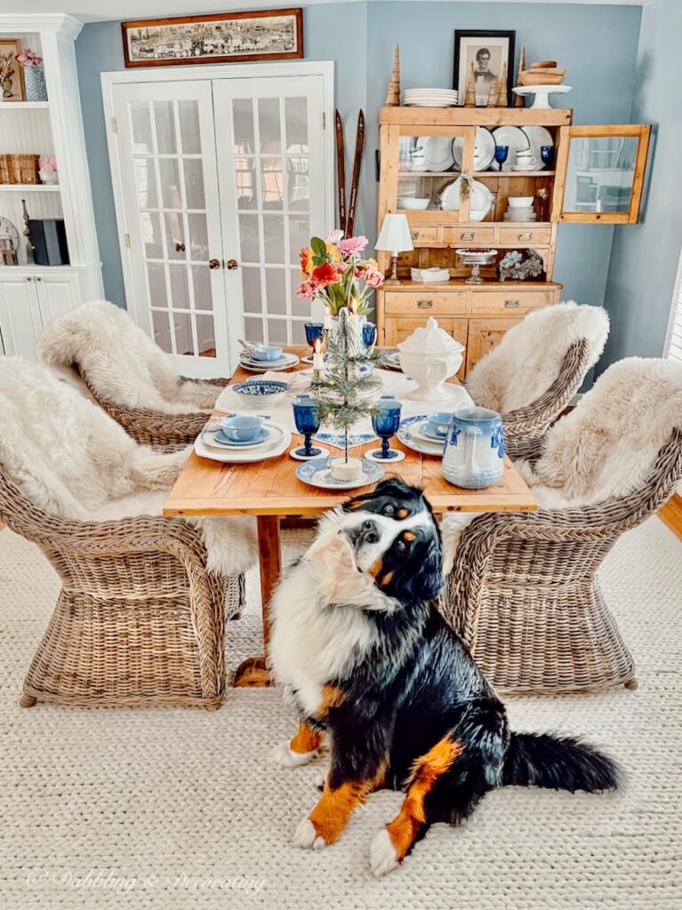 Romantic Antique Table Setting with Thoughtful Design with Sherwin Williams Stardew wall color.