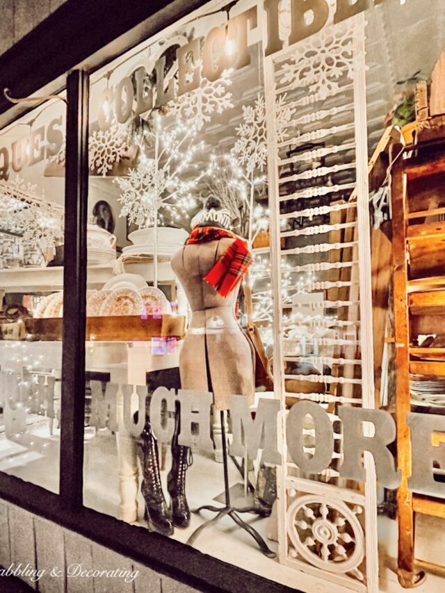 Vintage Booth Winter Window Display with mannequin with plaid scarf, architectural salvage pieces, lights and snowflakes from exterior of shop.