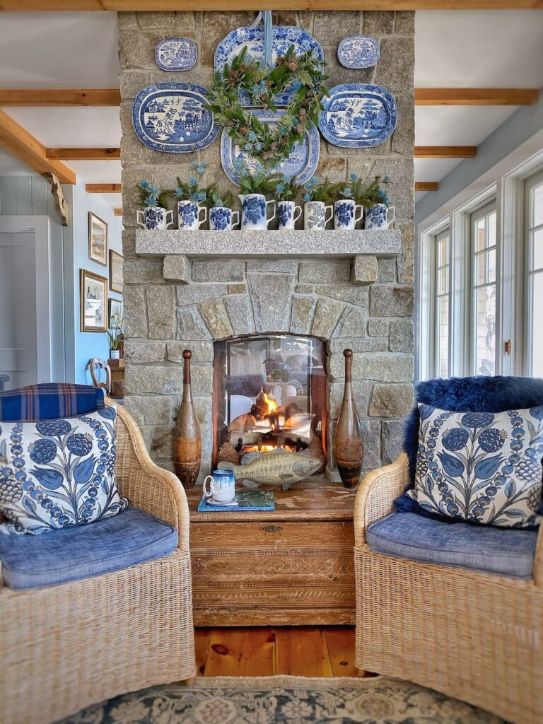 Blue Living Room Decor and fireplace, Molly in Maine.