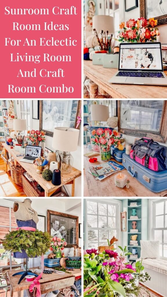 Sunroom Craft Room Ideas For An Eclectic Living Room And Craft Room Combo photo collage.