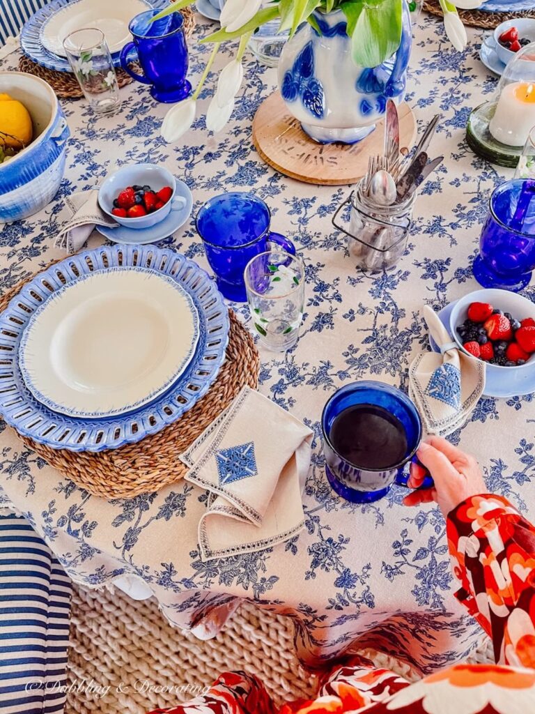 Blue and white breakfast nook table setting