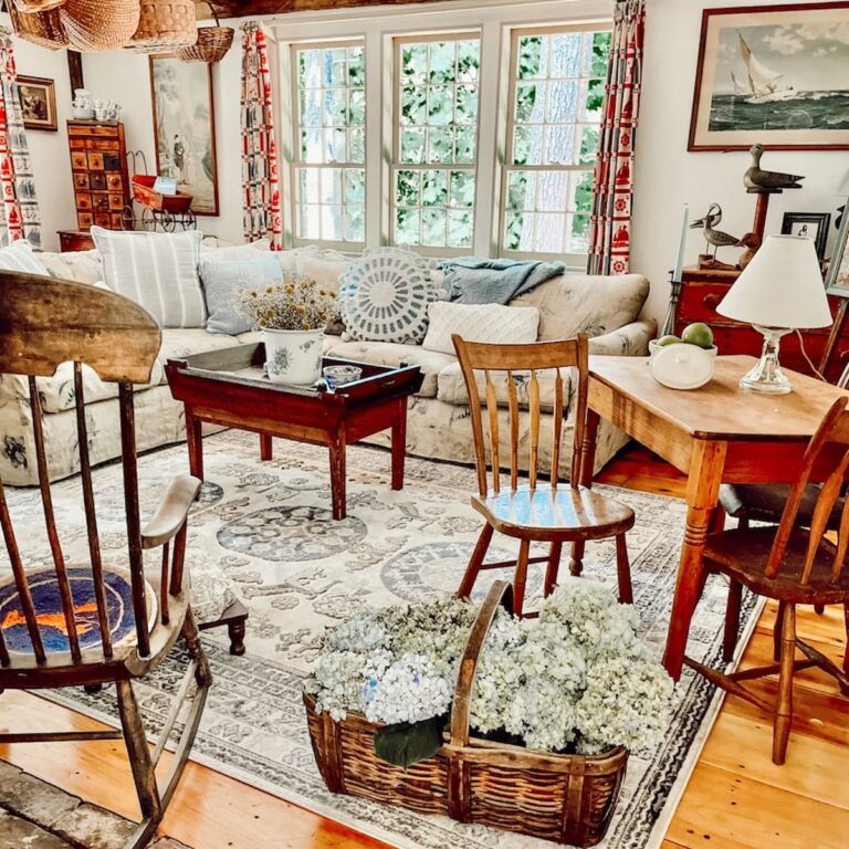 A vintage living room decorated with wooden furniture and wicker baskets.