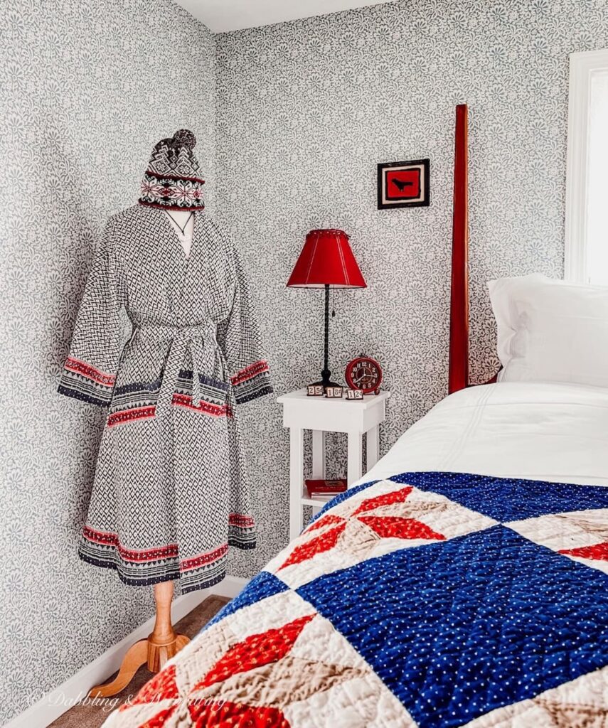 Dress Form Mannequin with winter bathrobe and hat in bedroom