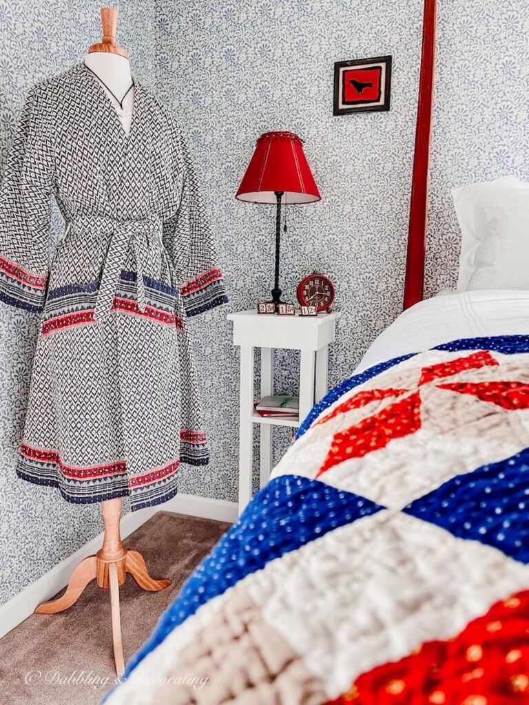 Dress Form Mannequin in Bedroom with Bathrobe.