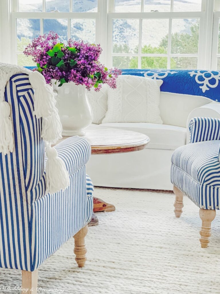 Blue and White Quilt in sunroom
