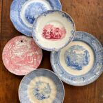 Mismatched Transferware China Plates Red White and Blue Antique