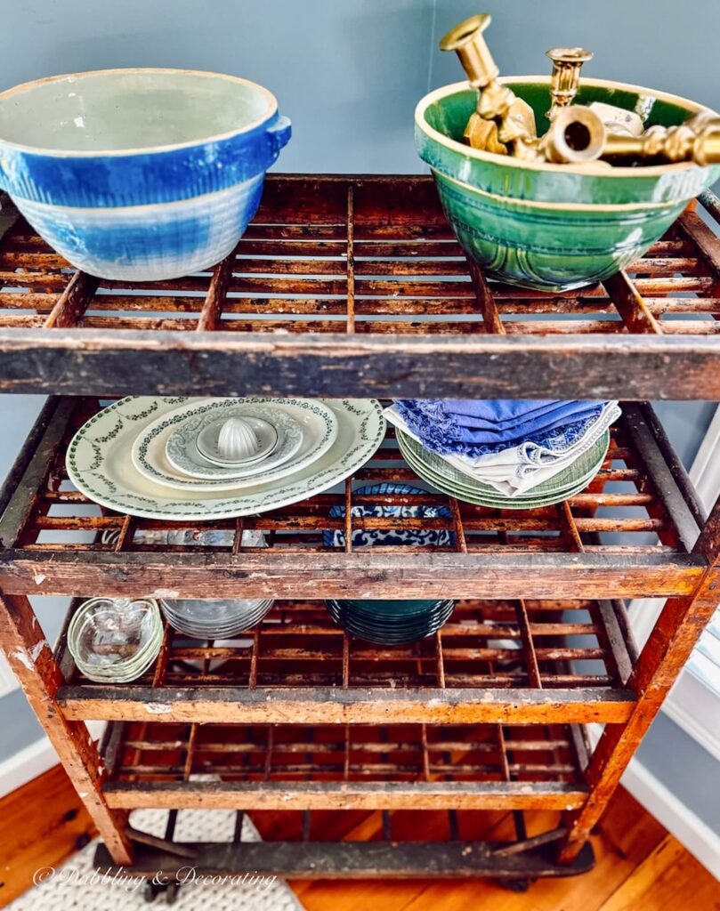 Vintage Cobbler Rack with bowls and dishes