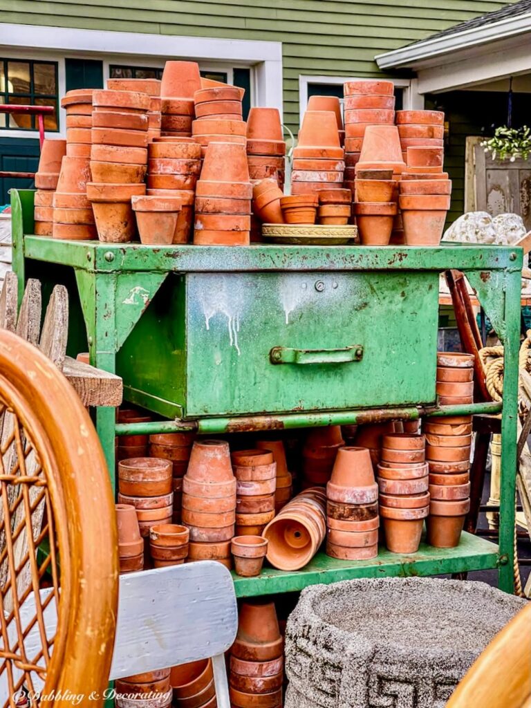 Terracotta Pots in Green Bin, summer thrift